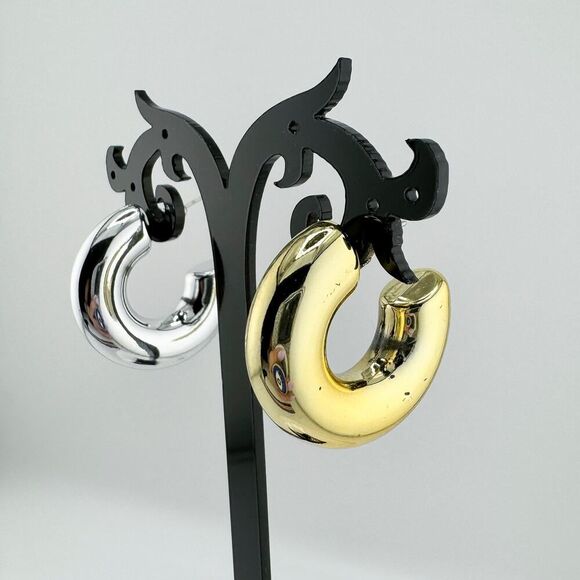 Vintage Puffy Mixed Metal Hoop Earrings Bold Statement Spherical Retro Glam - Picture 4 of 9